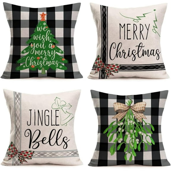 Set of 4 Black White Buffalo Check Plaids Pillow Covers Merry Christmas Green Trees Jingle Bells Holly Mistletoe Rustic Farmhouse Decorative Throw Pillow Cases Cotton Linen 18x18 Inch