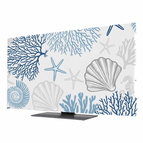 Indoor TV Cover 50 Inch, Blue Grey Coastal Elastic Monitor Dust Covers for Television, Desktop Computer Summer Beach Coral Shell Starfish Dustproof Fitted TV Cover for Inside 43.6"L x 24.5"H