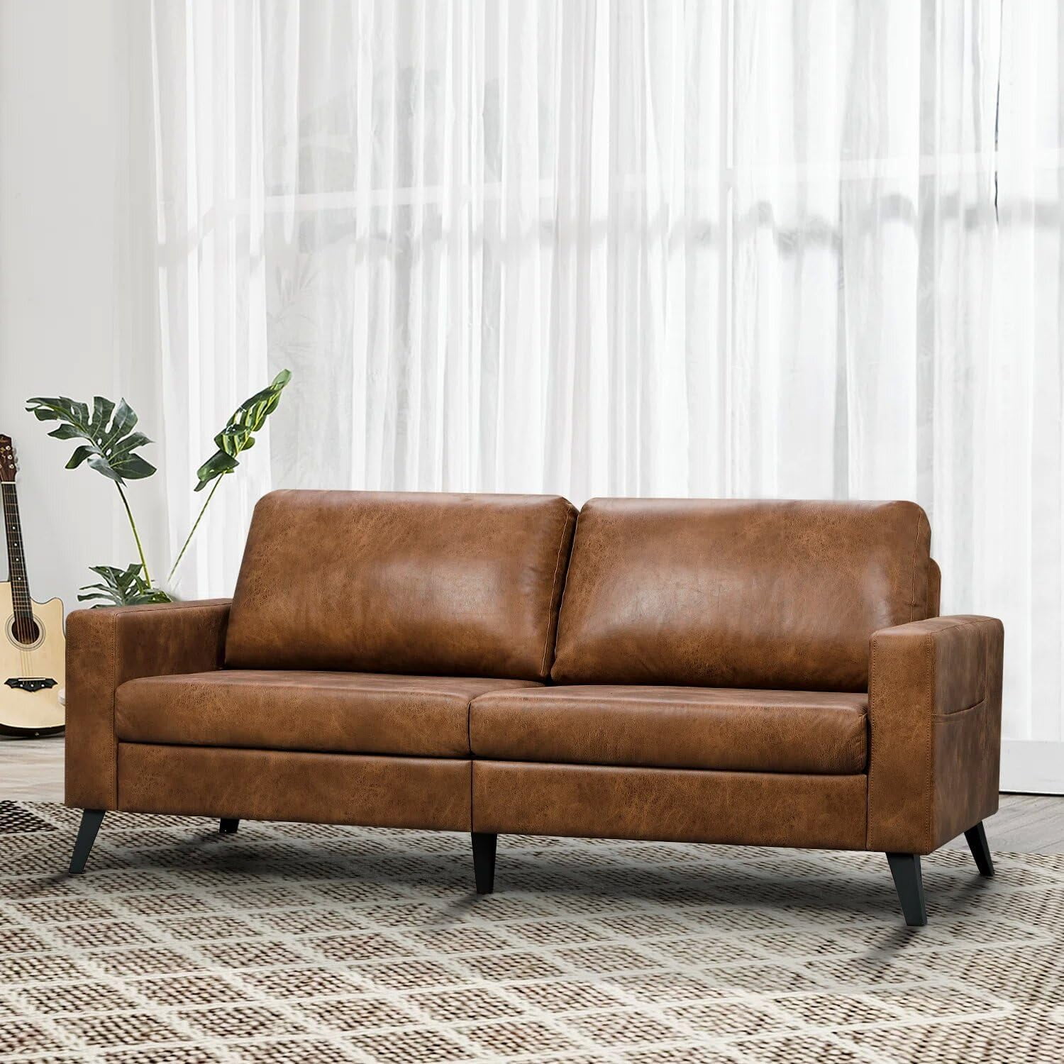 YODOLLA 79" Loveseat Faux Leather Sofa Apartment Couch 3 Seater Living Room Furniture for Small Rooms& Spaces- Saddle Brown