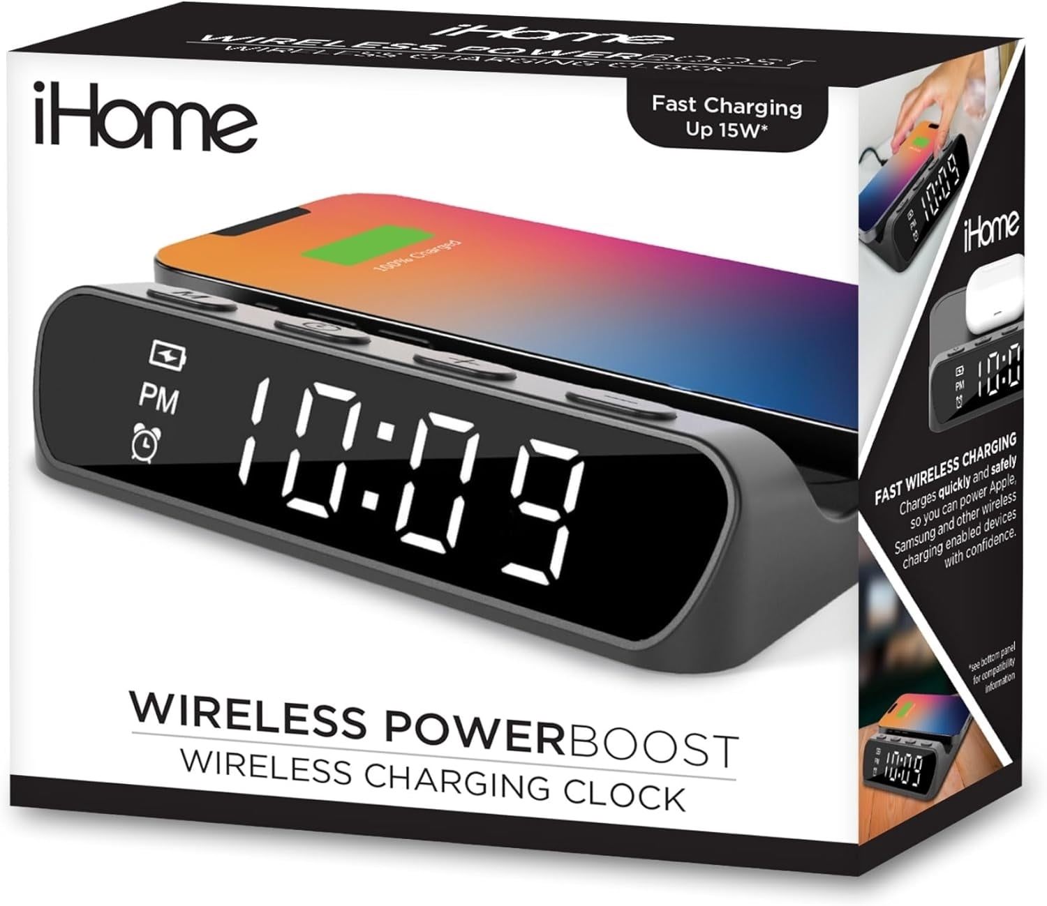 Open Box iHome iW14 Alarm Clock with Wireless Charger for iPhone, Android, and More - Black IW14B.EXV24