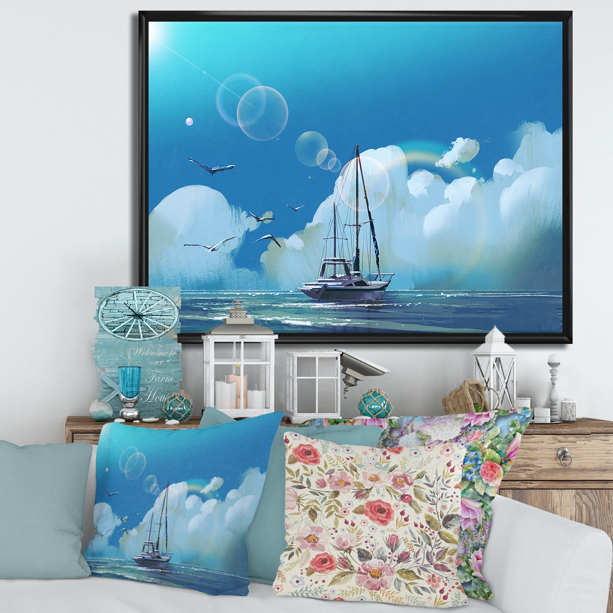 The Sailboat On The Blue Sea Against Summer Clouds Sky 32 in x 24 in Framed Painting Canvas Art Print, by Designart