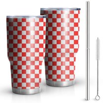 30oz Red White Checkerboard Checkered Pattern Tumblers Stainless Steel Tumbler with Lid and Straw,Vacuum Insulated Double Wall Travel Tumbler Cups Mug with Cleaning Brush for Coffee,Tea