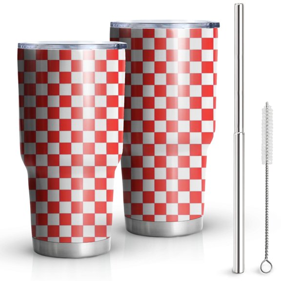 30oz Red White Checkerboard Checkered Pattern Tumblers Stainless Steel Tumbler with Lid and Straw,Vacuum Insulated Double Wall Travel Tumbler Cups Mug with Cleaning Brush for Coffee,Tea