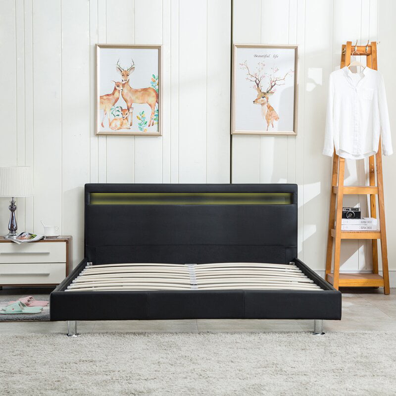 Full/ Queen Size Bed Frame Bedroom Platform w/ LED Light Headboard Black & White 