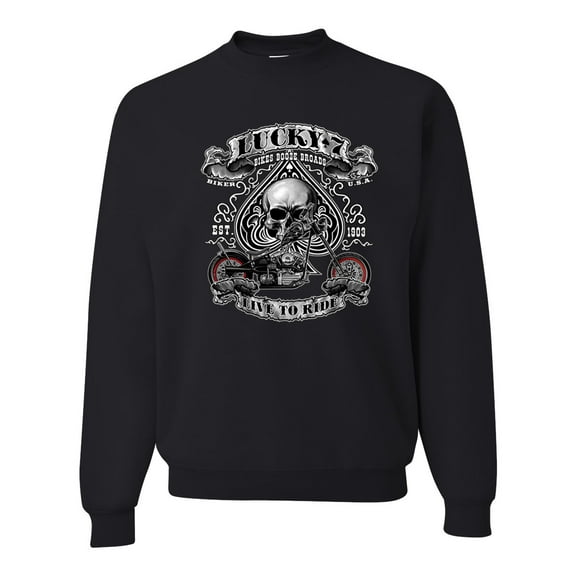Lucky 7 Live to Ride Bikes Booze Broads USA Est 1903 | Mens Fashion Crewneck Graphic Sweatshirt, Black, Small