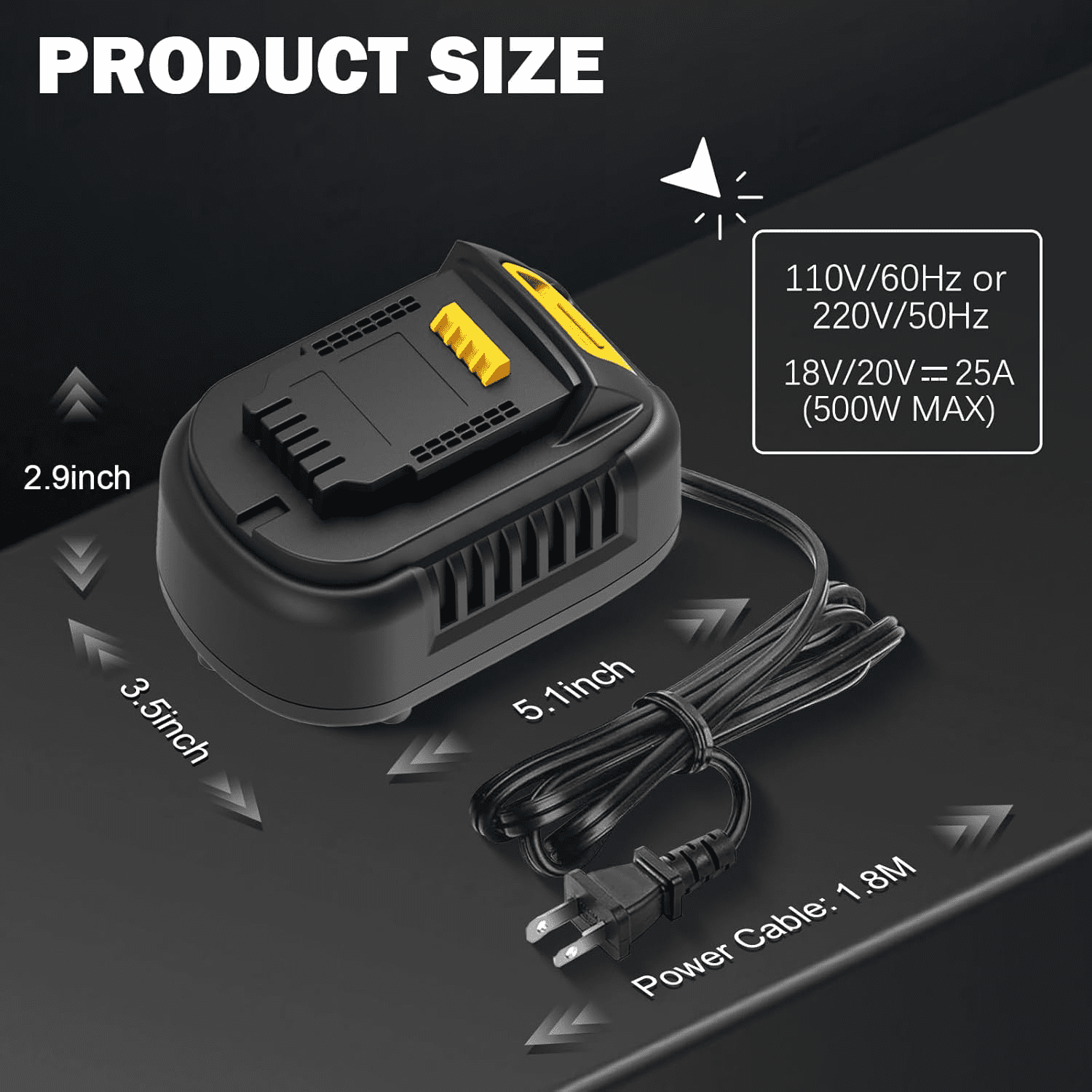 Extension Cord 1.8M Charger Replacement for De*walt 20V Batteries Corded Rapid Charger for De*walt 20V Power Tools up to 500W
