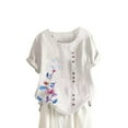 thumbnail image 2 of CHOK Hauts en Solde pour Femmes Boutons Col Rond Manches Courtes Imprimé Floral Boutons Coton Lin Vintage, 2 of 6