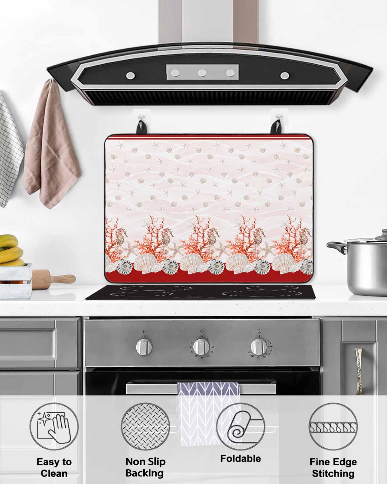 nqOlkjepod Large Induction Cooktop Protector Mat 36"x21", Red Coastal Shell Stove Top Covers for Electric Stove, Nautical Seahorse Coral Stripes Stove Burner Cover Mats, Glass Top Stove Cover