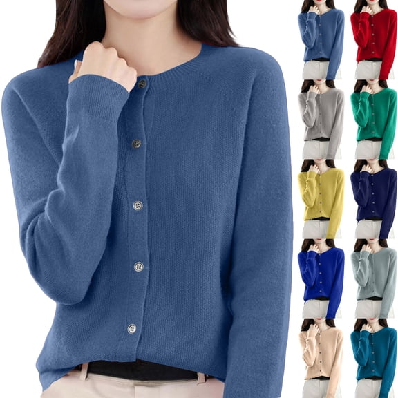 Stichou 2026 Wool Sweaters Women's Winter Spring Warm Soft Knitted Crew Neck Cardigan Turtleneck Long Sleeves Dark Blue L