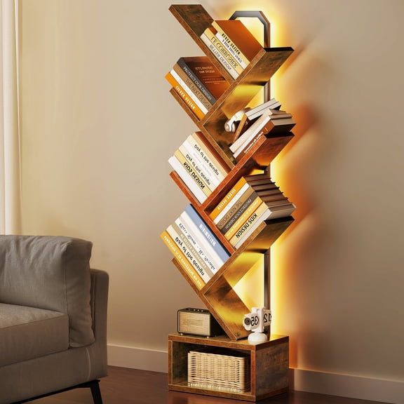Casacomoda 6 Tier Tree Bookshelf, Bookcase with LED Lights, Display Floor Standing Storage Shelf, Book Organizer Shelves for Home Office, Living Room, Vintage