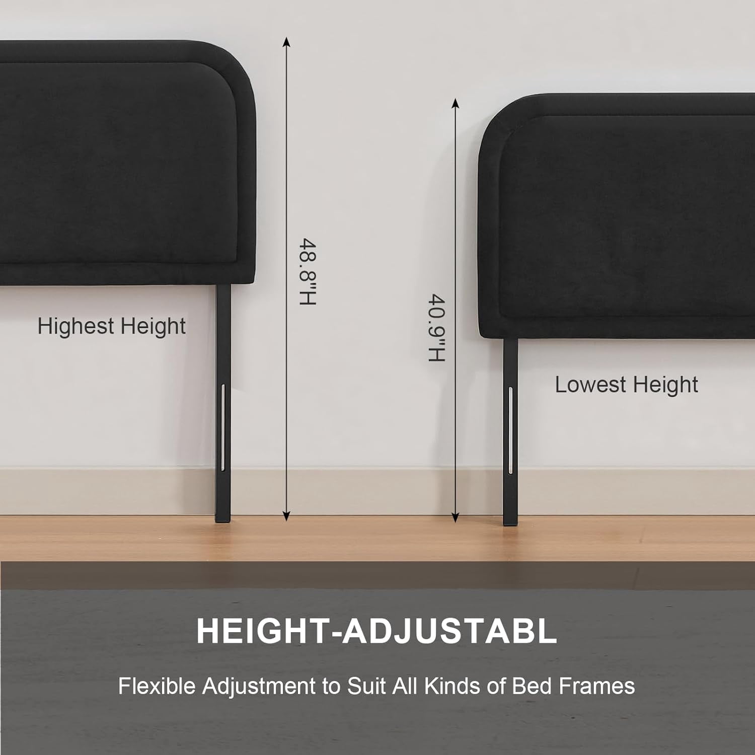 Velvet Headboard Queen, Upholstered Headboard Queen Size Only, Fabric Headboards with Durable Metal Legs from 41” to 49” Height, Sturdy and Durable Solid Wood Bed Head Board, Black