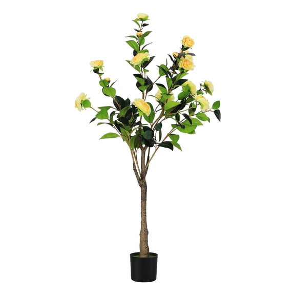 47 Inch Artificial Camellia Tree with Yellow Flowers - 4 FT Faux Blooming Plant for Indoor Outdoor Home, Office & Front Door