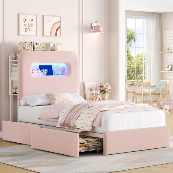 Homfa Twin Size Velvet Upholstered Bed with LED Lights & 2 Drawers, Storage Headboard Platform Bed Frame with USB Ports & Outlets, Pink（Iron Slats  2 Drawers  2-Tier Side-Shelves)