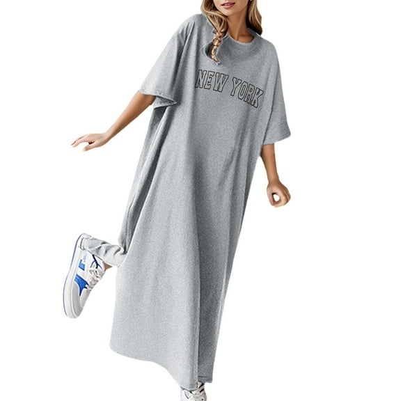 Women's Summer Casual Loose Print T-Shirt Dress Long Sleeve Comfortable Flowy Beach Tunic Stylish Versatile Outfit Womens Casual Trendy Midi Dresses
