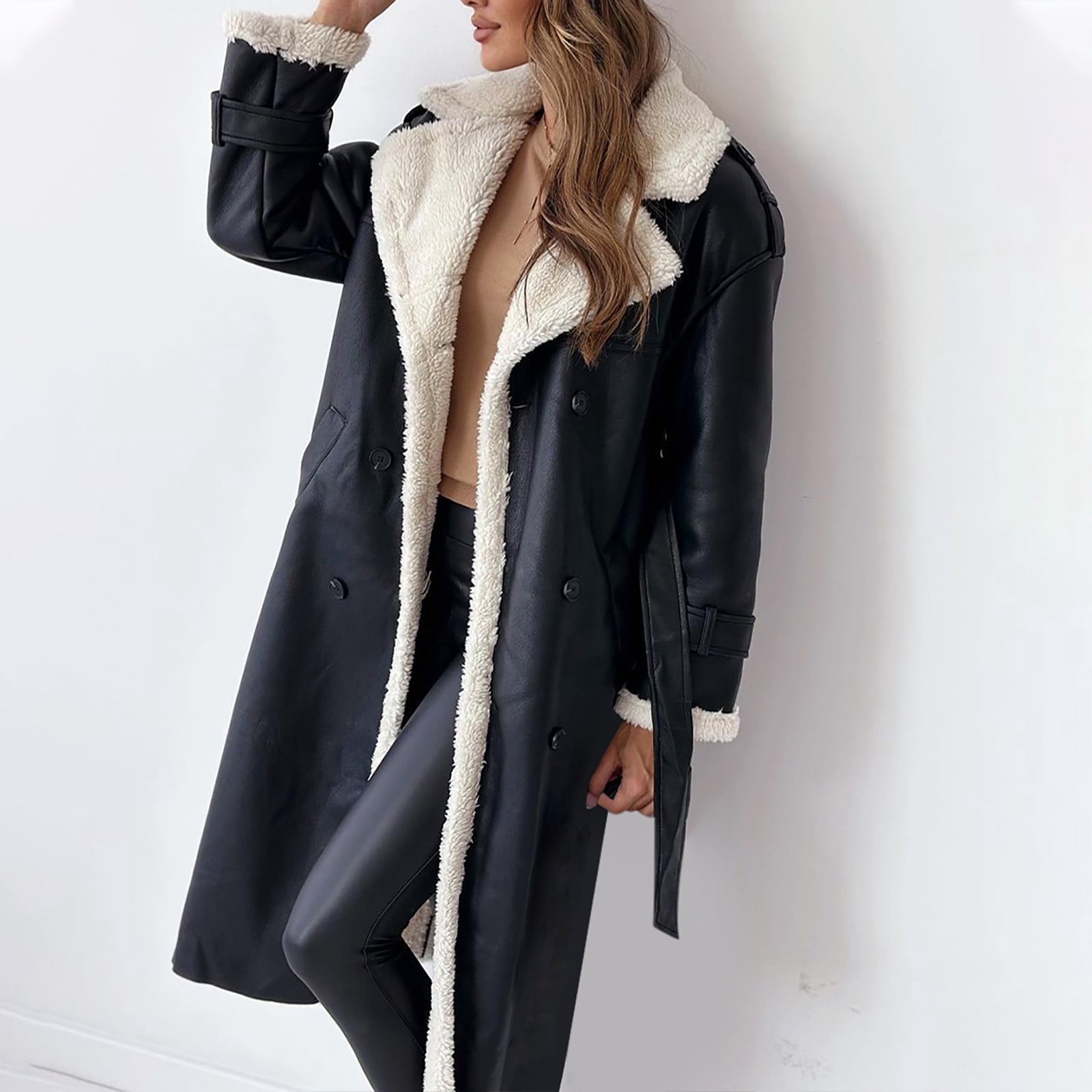 APEXFWDT Women Shearling Sheepskin Faux Leather Coat Long Winter Warm Sherpa Lined Jacket Notch Collar Button Down Trench Coat with Belt