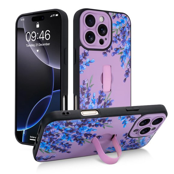 Gukalong Funda Para Teléfono Para Iphone 16 Pro 6.3 Pulgadas Lavanda Púrpura Flores Florales Cubierta Delgada Del Teléfono Con Soporte De Correa Resistente A Prueba De Golpes Funda Protectora Anti-Ara
