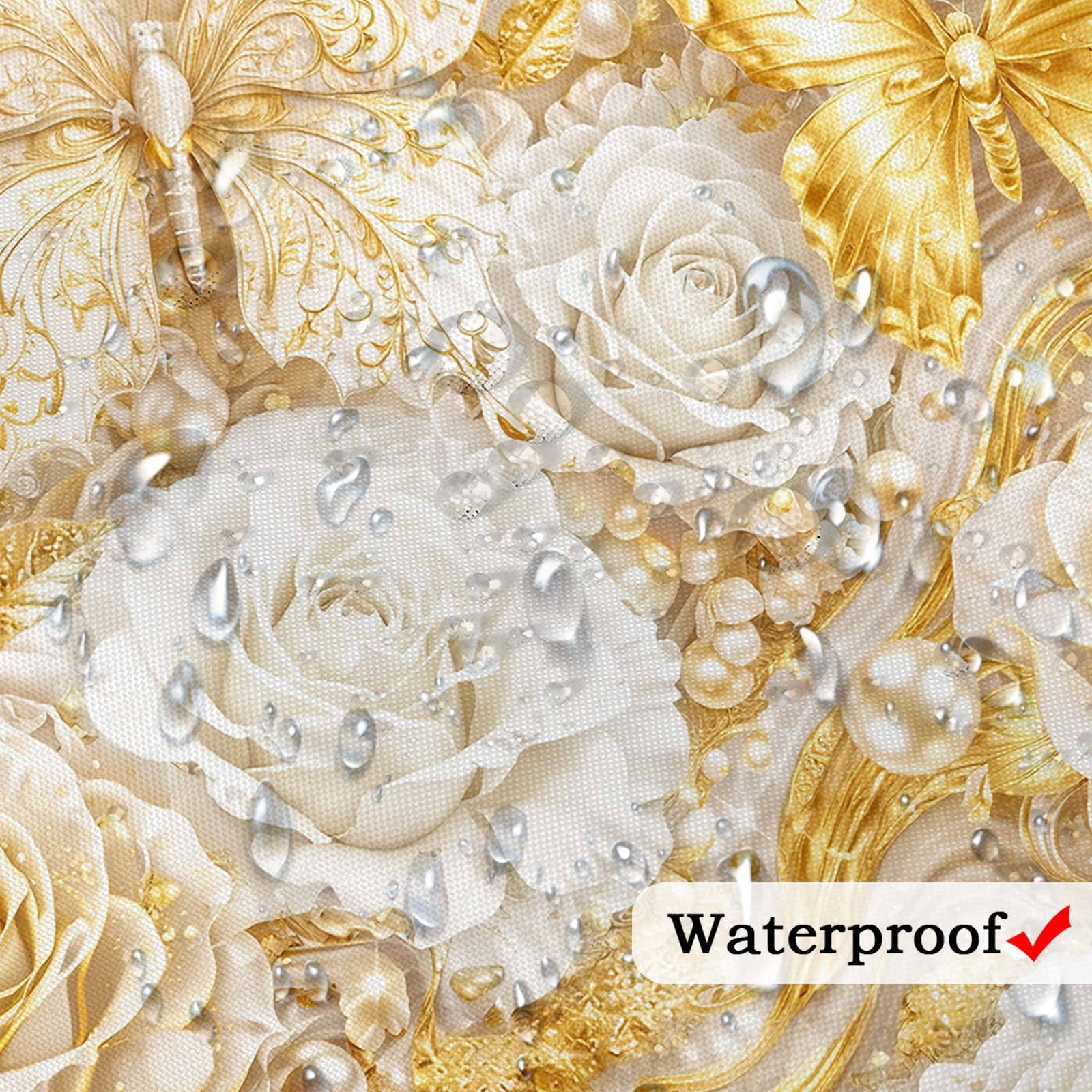 Luxury White and Gold Butterfly Floral Shower Curtain, Elegant Marble Rose Modern Texture Shower Curtains for Bathroom Decor, Elegant Golden Fluid Aesthetic Bath Curtain Set with Hooks,70X70IN