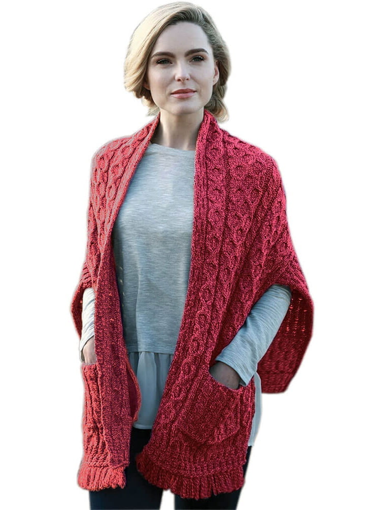 Ladies Aran Woollen Irish Wool Wrap with Pockets, Red, One size ...