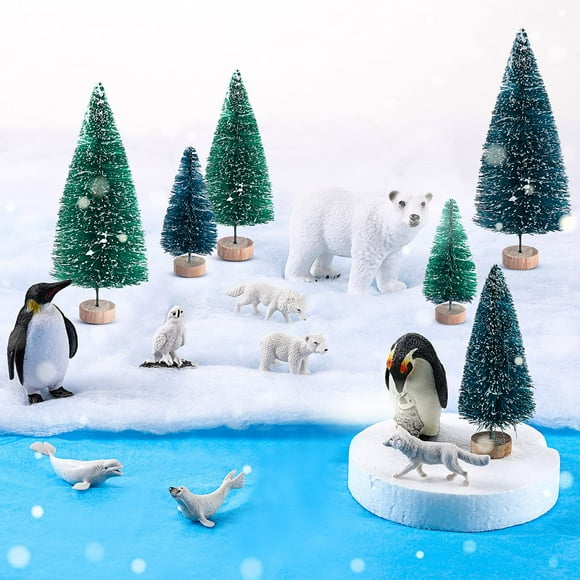 Arctic Animal Toy Set - 19 Pcs: Polar Animals Figurines, Miniature Pine Trees, Foam Boards, Winter Fake Snow Blanket, Blue Tissue Paper. Perfect for Kids Education and Play.