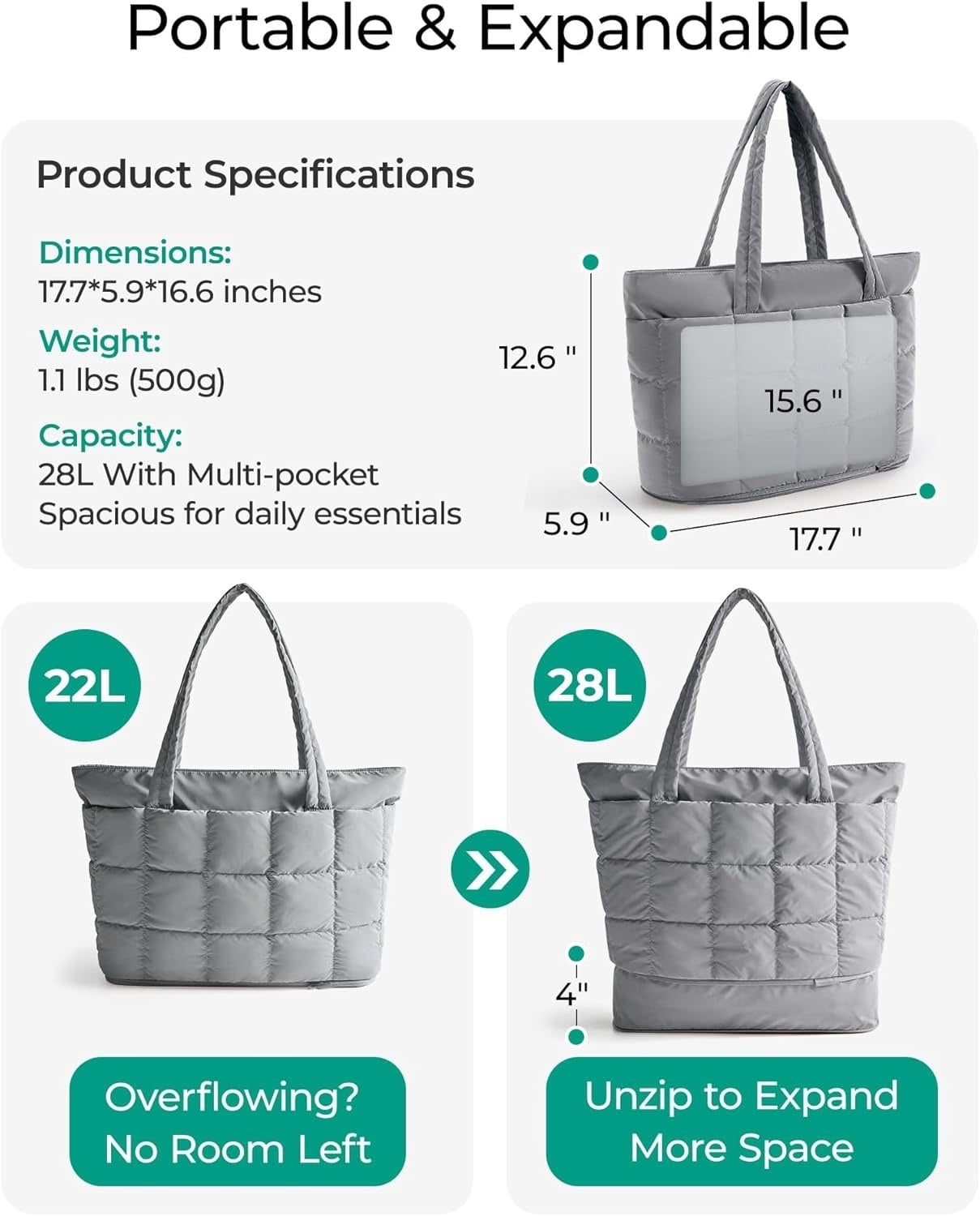 Omlopp Large Tote Bag for Women, Expandable Puffer Work Tote Handbag, Quilted Carry-On Travel Gym Bag-Grey