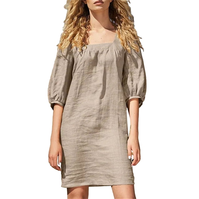 AherBiu Robe Midi Trapèze Décontractée d'Été pour Femmes Grande Taille en Coton et Lin à Encolure Carrée, Manches 3/4