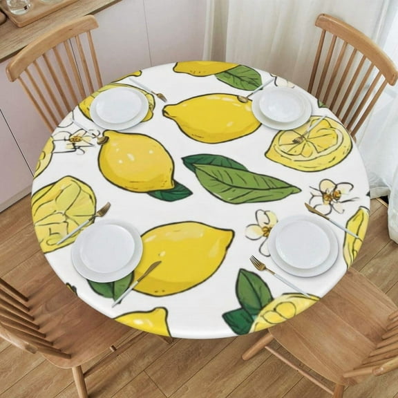 Round Fitted Tablecloth with Elastic Yellow Lemons Fitted Table Covers for Round Tables Waterproof Reusable Vinyl Table Cloth for Indoor and Outdoor 45"-56" ,24ju26caA126