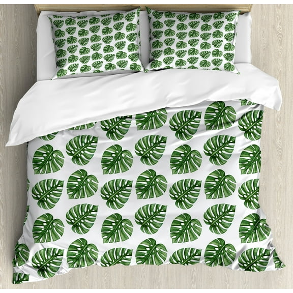 Green Leaf Duvet Cover Set King Size, Tropical Jungle Leaves Palm Trees of Hawaii Watercolor Style Summer Nature, Decorative 3 Piece Bedding Set with 2 Pillow Shams, Green White, by Ambesonne