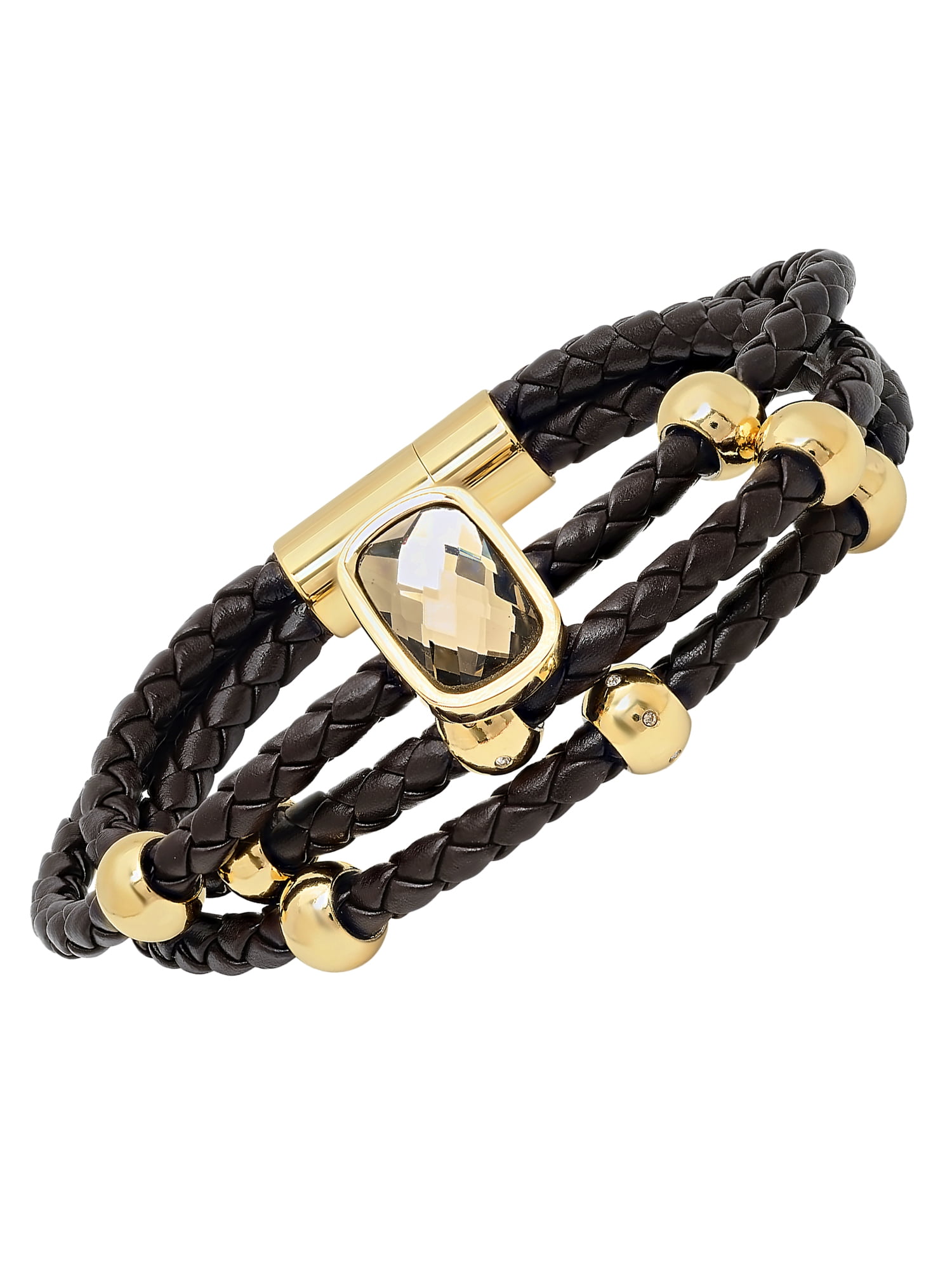 Womens Gold-Tone Stainless Steel, Glass, and Black Faux Leather Stacked Bracelet