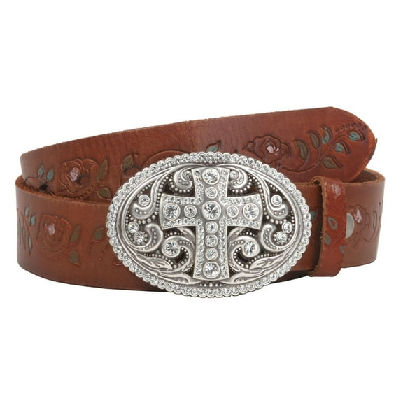 Snap On Floral Tree Embossed Full Grain Leather Rhinestone Cross Bling Belt