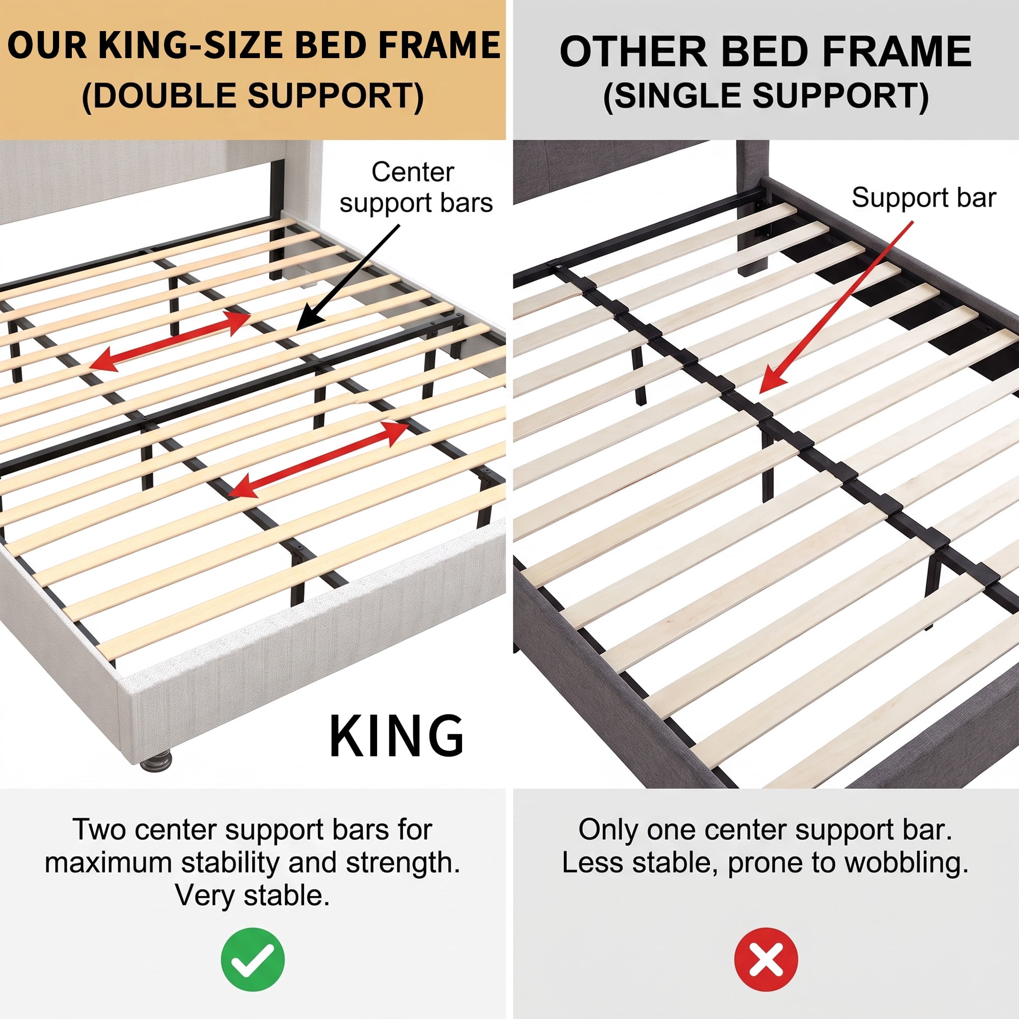 Gewnee King Size Platform Bed Frame with Upholstered Wingback Headboard, Solid Wood Legs, Wooden Slats & Sturdy Metal Support, Noise‑Free, No Box Spring Needed, Modern Bedroom Furniture, Beige