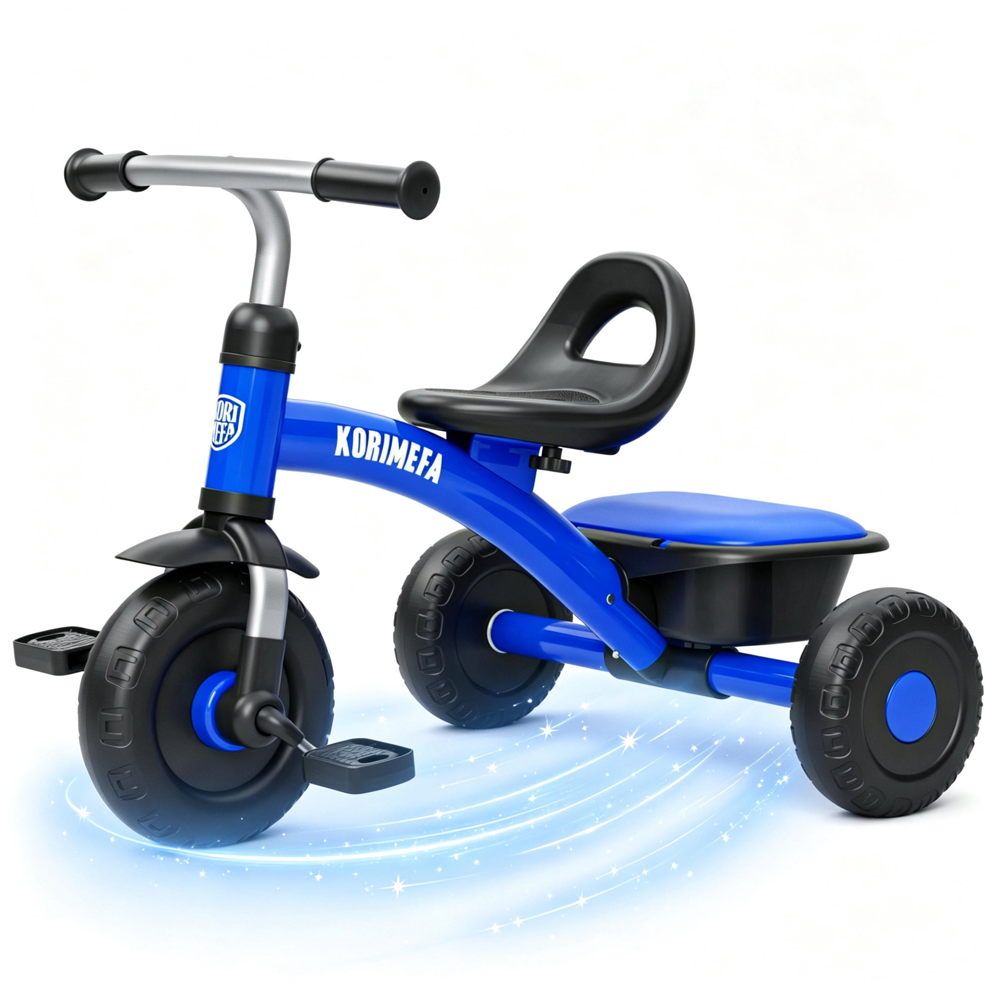KORIMEFA Toddler Trike for Ages 2-5 Boys Girls, Beginner Kids Tricycle with Quiet Wheels & Storage Bin, Blue