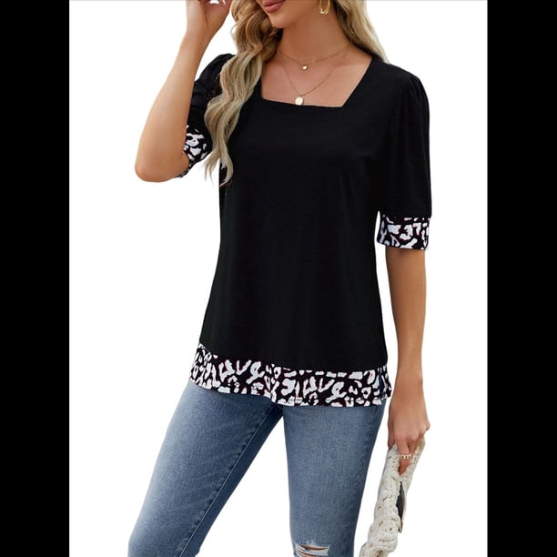 Camiseta de Verano para Mujer, Estilo Casual, de Corta y Cuello Cuadrado, Holgada, con Estampado de Vaca y Bloques de Color. Negro L