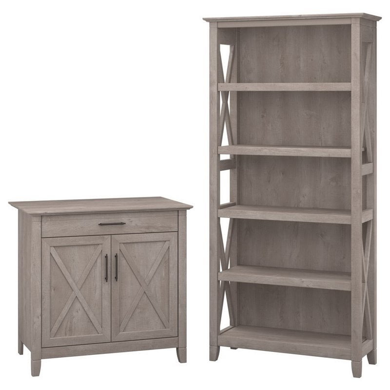 Pemberly Row Storage Cabinet And 5 Shelf Bookcase In Washed