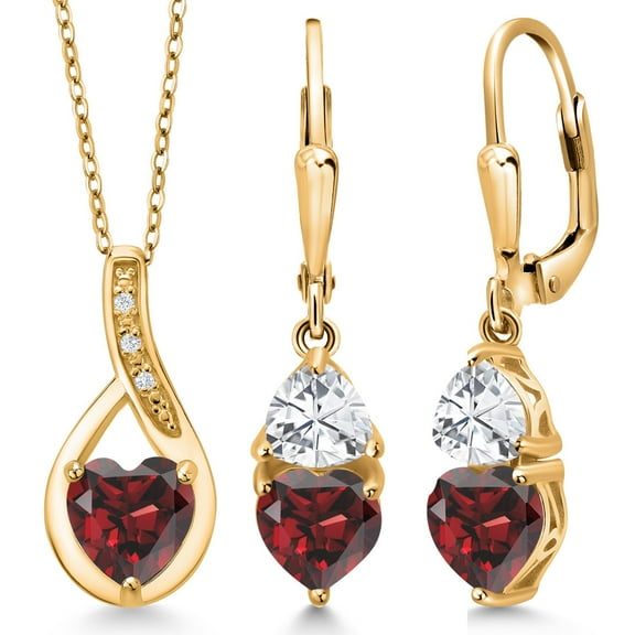 Gem Stone King 18K Yellow Gold Plated Silver Red Garnet Pendant Earrings Set for Women (4.84 Cttw, Gemstone January Birthstone, with 18 inch Chain)