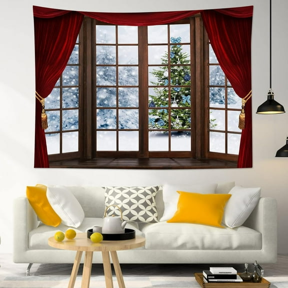 Snow Forest Tapestry Christmas Tree with Blue Ball Wall Hanging Tapestry Red Curtain Wood Window Tapestries for Living Room Bedroom Dorm Wall Decor