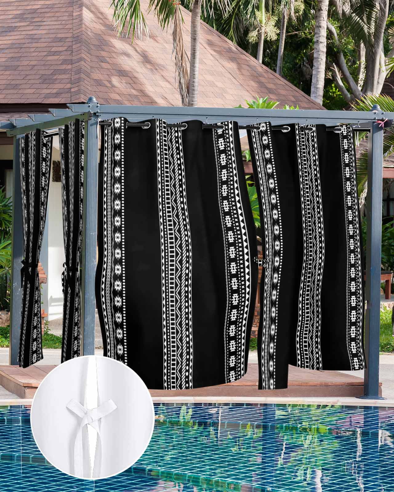 Black Boho Outdoor Curtains for Patio, Vintage Abstract Striped Geometric Motifs Privacy Drapes Grommet Waterproof Outside Curtains for Porch/Cabana/Balcony 54"x 84", 2 Panel