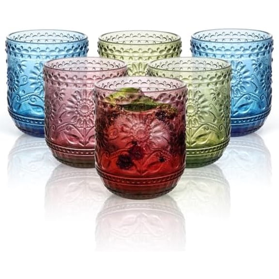 Vintage Drinking Glasses Set of 6, 12 oz Embossed Sunflower Colored Glassware Green Glass Cups for Cocktail, Wine, Juice, Whiskey, Milk, Heavy Duty$$Home Decor, Kitchen, & Other