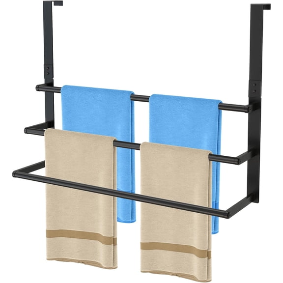 24Inch Over The Door Towel Rack, Stainless Steel DOKU Door Towel Hanger, Over Door Towel Holder with 3 Tier Towel Bars, Matte Black Over Door Towel Storage for Bathroom