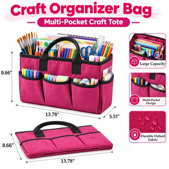 Craft Organizer Bag, Multi-Pocket Craft Tote, Portable Art Tote Bag Art Supply Caddy, Oxford Fabric Tote Organizer for Art Supplies, Craft Storage and Teacher Book Organization, Akmoler