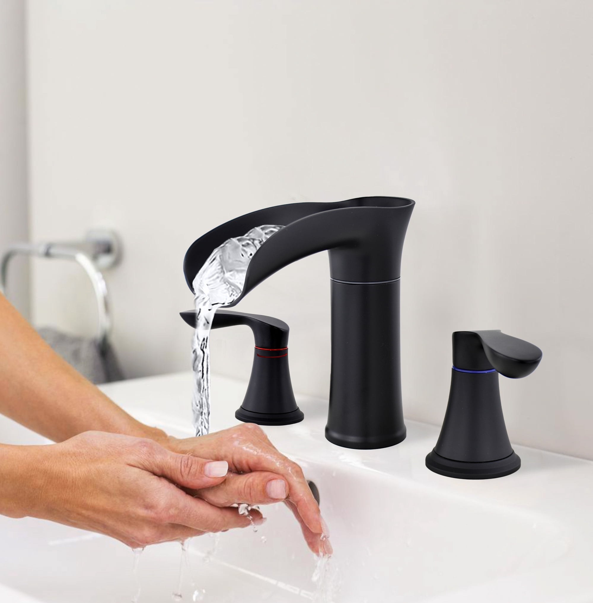 Sunrinx 8 Inch Bathroom Faucet Widespread 2-Handle Waterfall Sink Faucet Matte Black 360° Swivel 3 Hole with Pop Up Drain