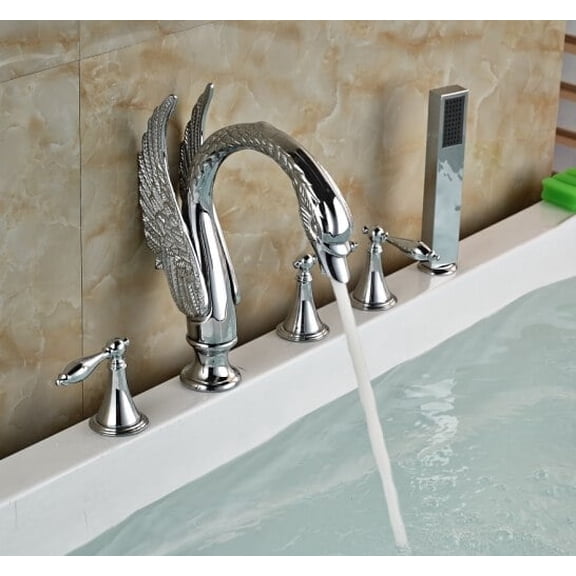 Juno Swan Deck Mount Chrome Bathtub Faucet with Hand Shower