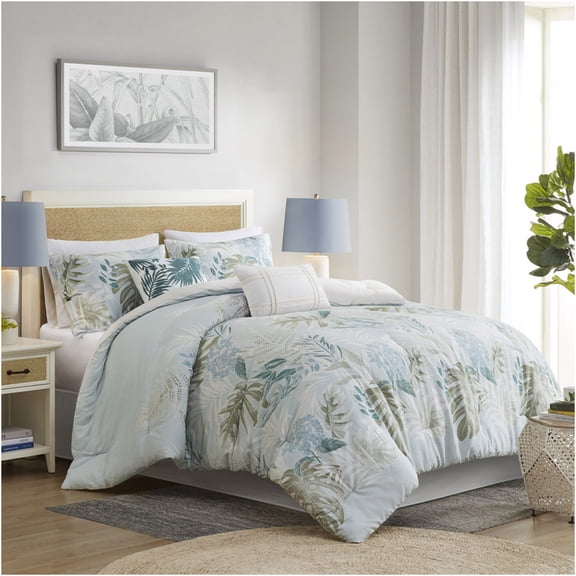 JERFIT Blue Coastal Bedding Set 9-Piece King Comforter Set with Decorative Pillows & Bed Skirt, Tropical Print, 100% Cotton, Oversized, Machine Washable
