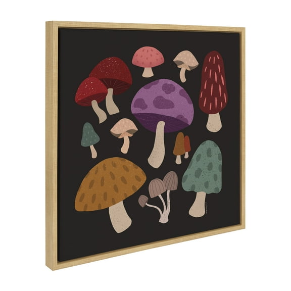 Kate and Laurel Sylvie Forest Mushrooms Dark Framed Canvas Wall Art by Carey Copeland, 22x22 Natural, Mid-Century Mushroom Plant Wall Decor