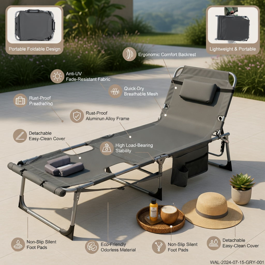 Hommoo 5-Position Adjustable Outdoor Folding Chaise Lounge Chair with Pillow, Lightweight & Portable for Pool, Beach, Patio, or Backyard, Blue