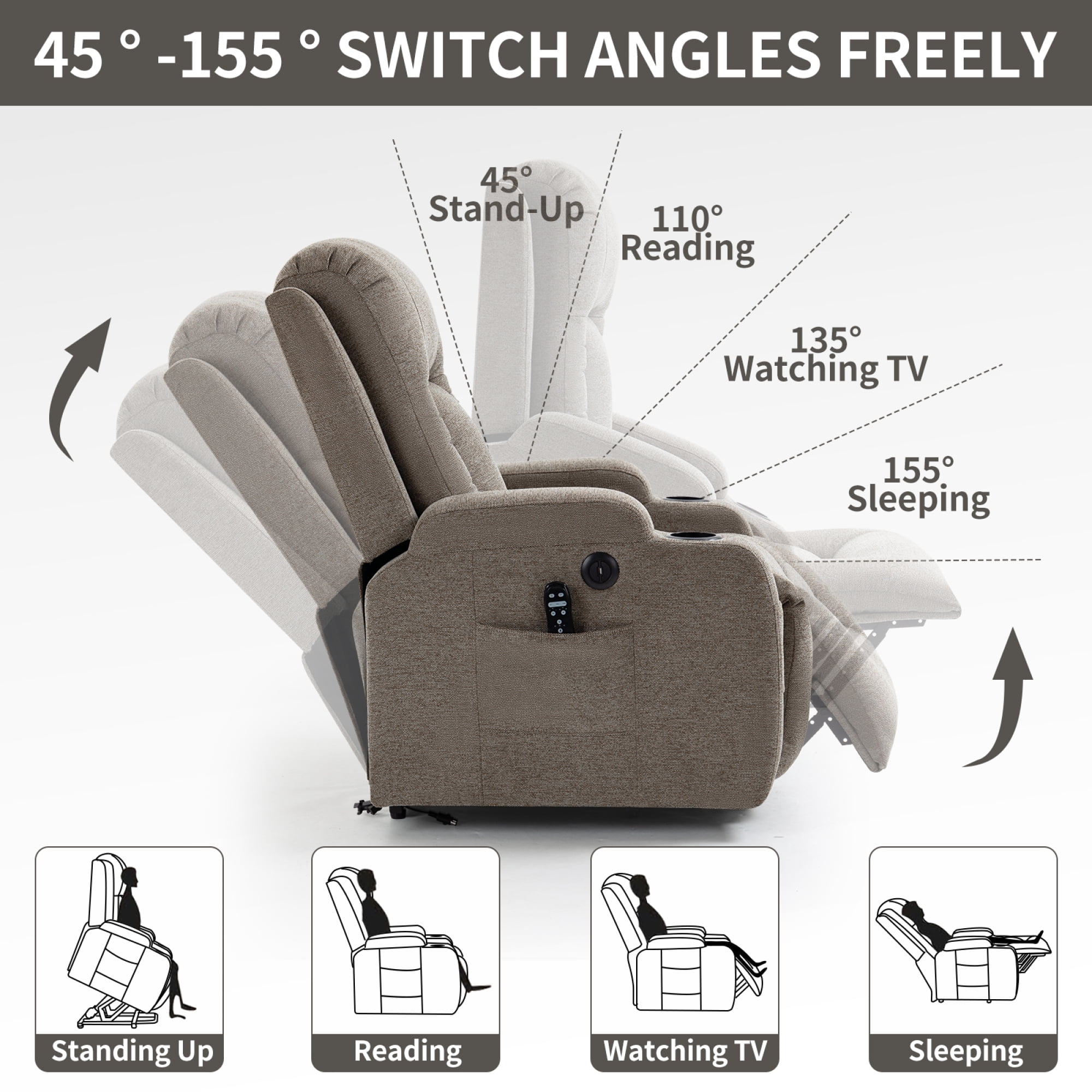Power Lift Recliner Chair for Elderly,Heavy Duty Infinite Position Recliner Chair with 8-Point Vibration Massage and Lumbar Heating,USB Charging Port, Cup Holders,Brown