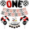 BeYumi 42 Pcs Race Car 1st Birthday Party Decorations Set | Checkered Balloons, Happy Birthday Banner, Cake Topper, Cupcake Toppers | Let's Go Racing Party Supplies for One Year Old Kids Boys