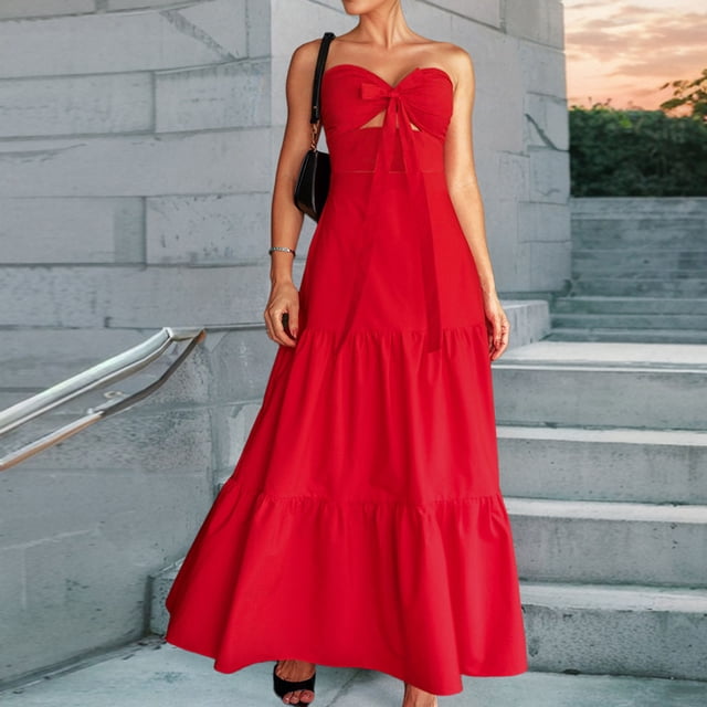 Ovzne Robes d'Été pour Femmes 2025 Robe Mode Femme Couleur Unie Aguichant Bustier Bretelles Dos Nu Robe à Volants Robe d'Été Liquidation