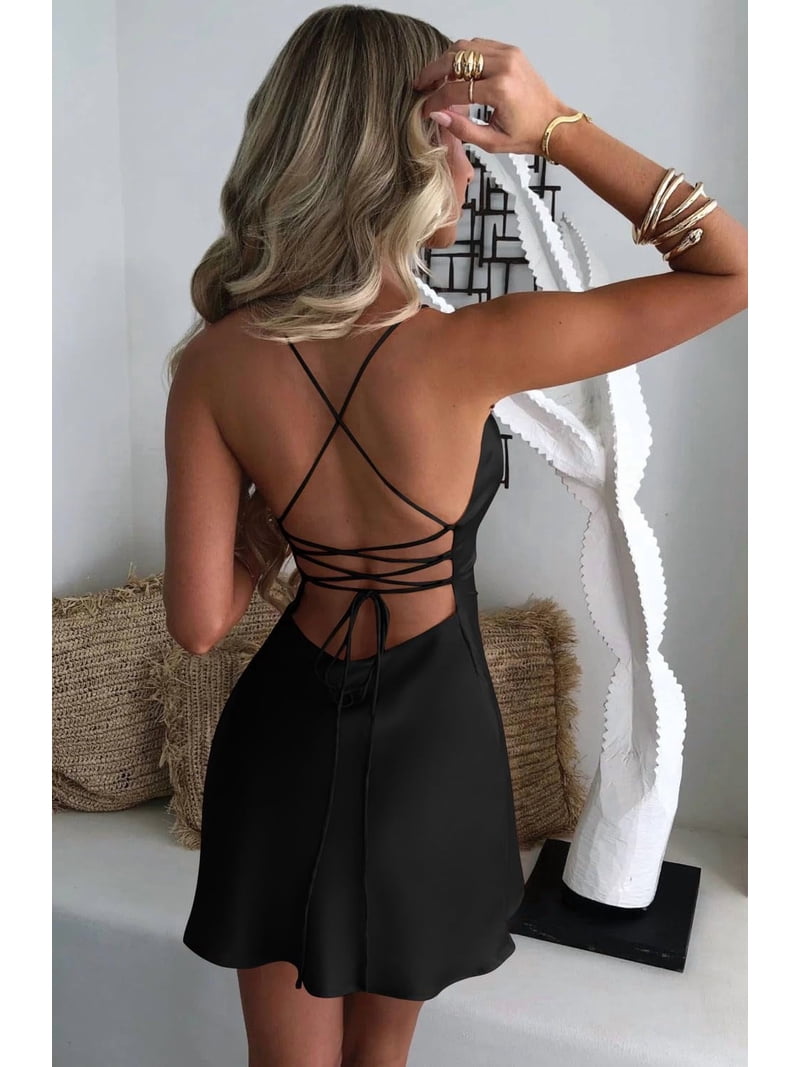 Wrongduck Womens Satin Square Neck Mini Dress Backless Lace Up Sleeveless Cocktail Party Elegant Slim Fit Short Dress