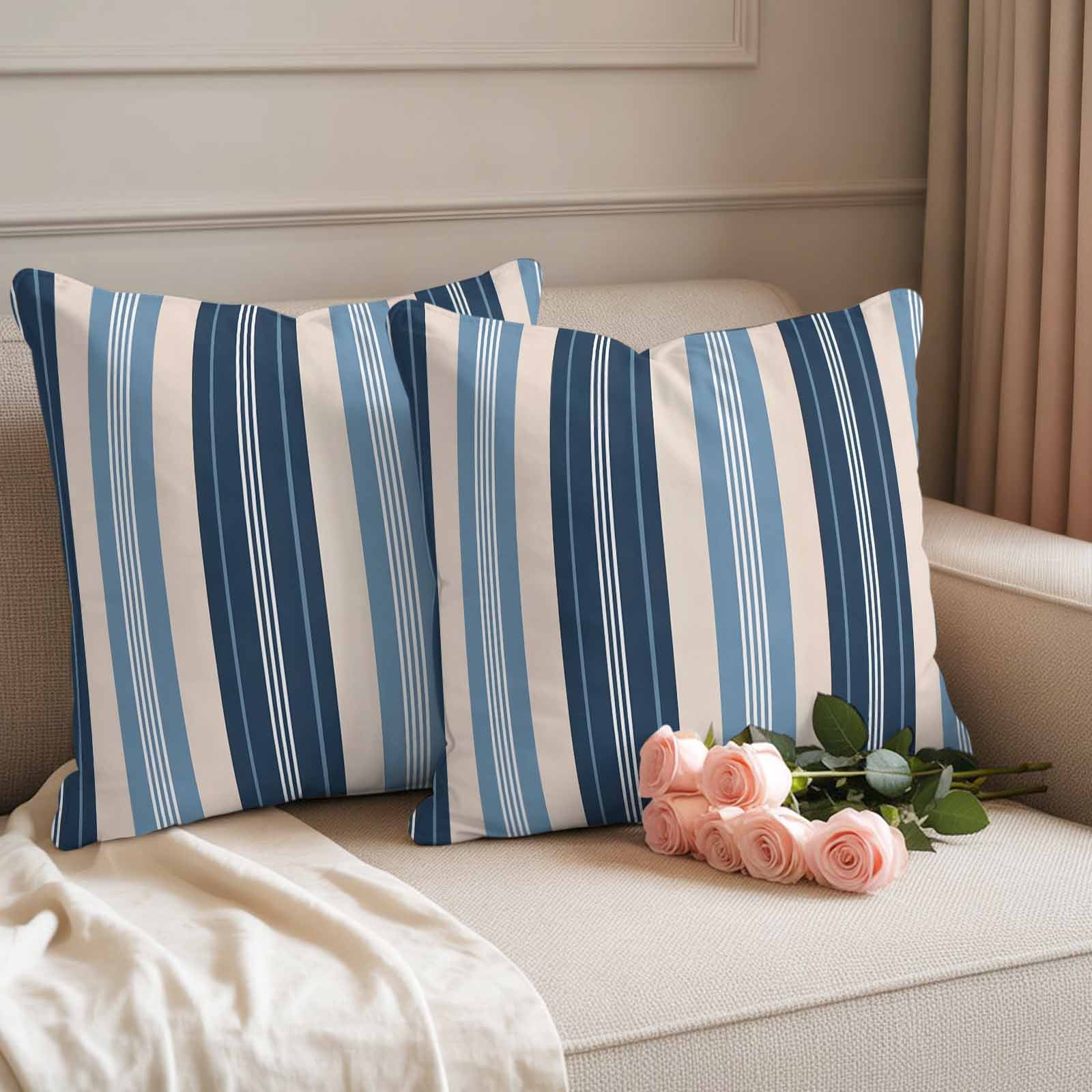 Blue Beige Striped Outdoor Waterproof Pillow Covers, Modern Stripes Art Farmhouse Decorative Square Throw Pillowcase Sofa Cushion Sham for Patio/Couch/Chair, 18"x18" 2 Pack