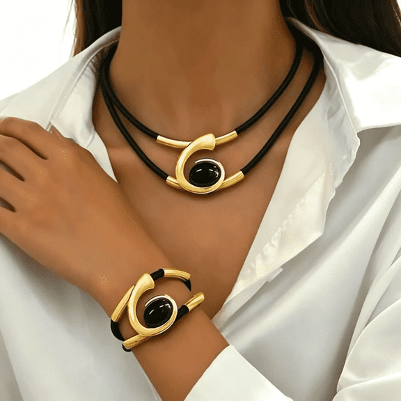 DESIGNICE Gold Jewelry Set,Bohemian Double-Layer Black Rope with Oval Black Acrylic Pendant Necklace and Bracelet Set Vintage Trendy Golden Necklaces Bracelets for Women Gift